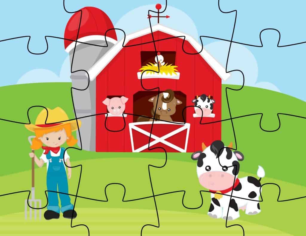 picture of barn with animals and farmer