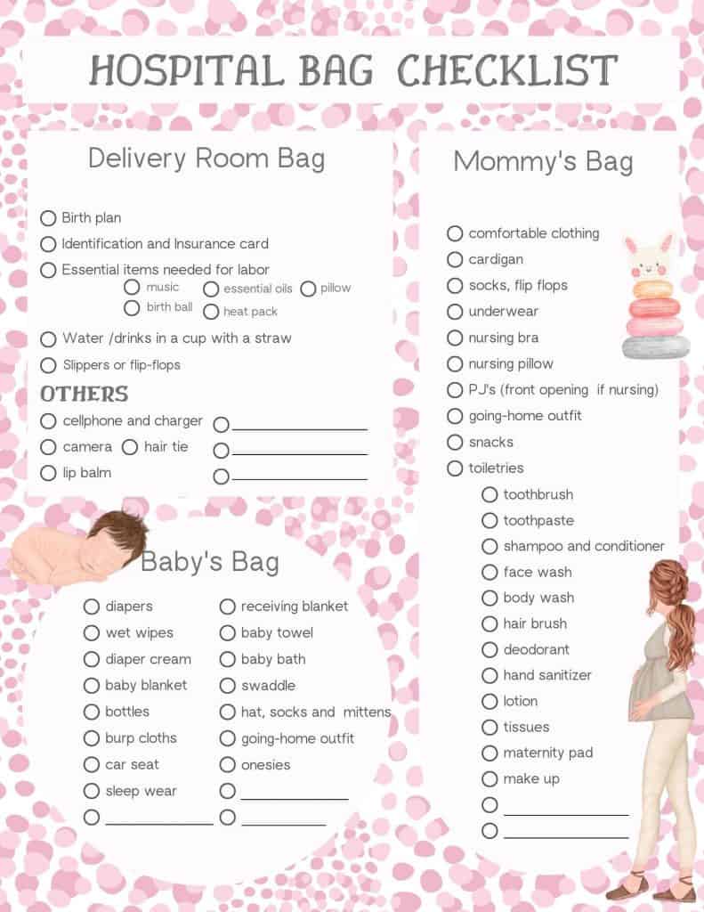 FREE Printable Hospital Bag Checklist with Pink Background
