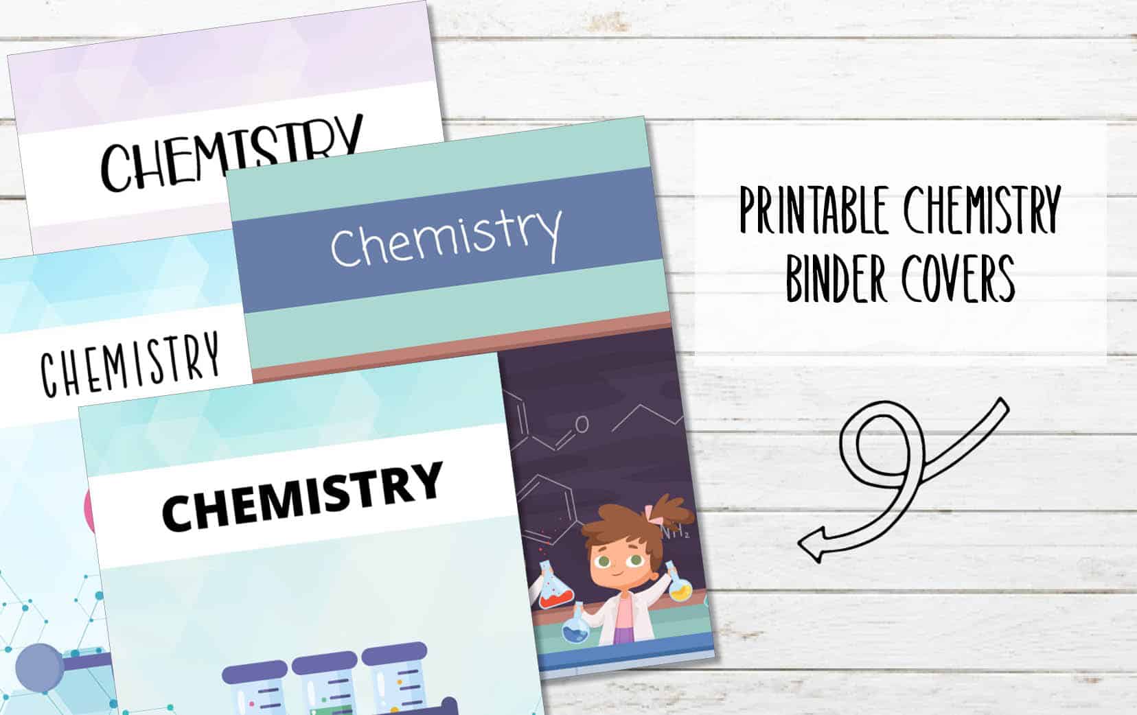 main picture of 4 binder covers on left and text in right saying printable chemistry binder covers