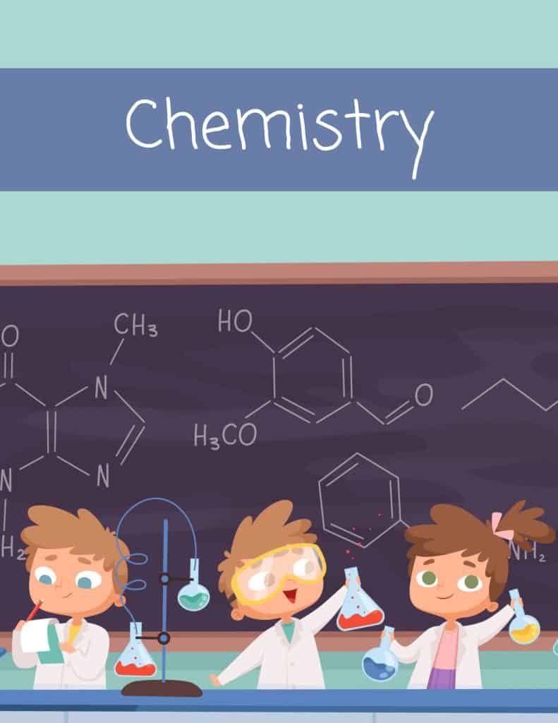 binder cover with kids in lab with blackboard behind them and above the words chemistry on a blue background