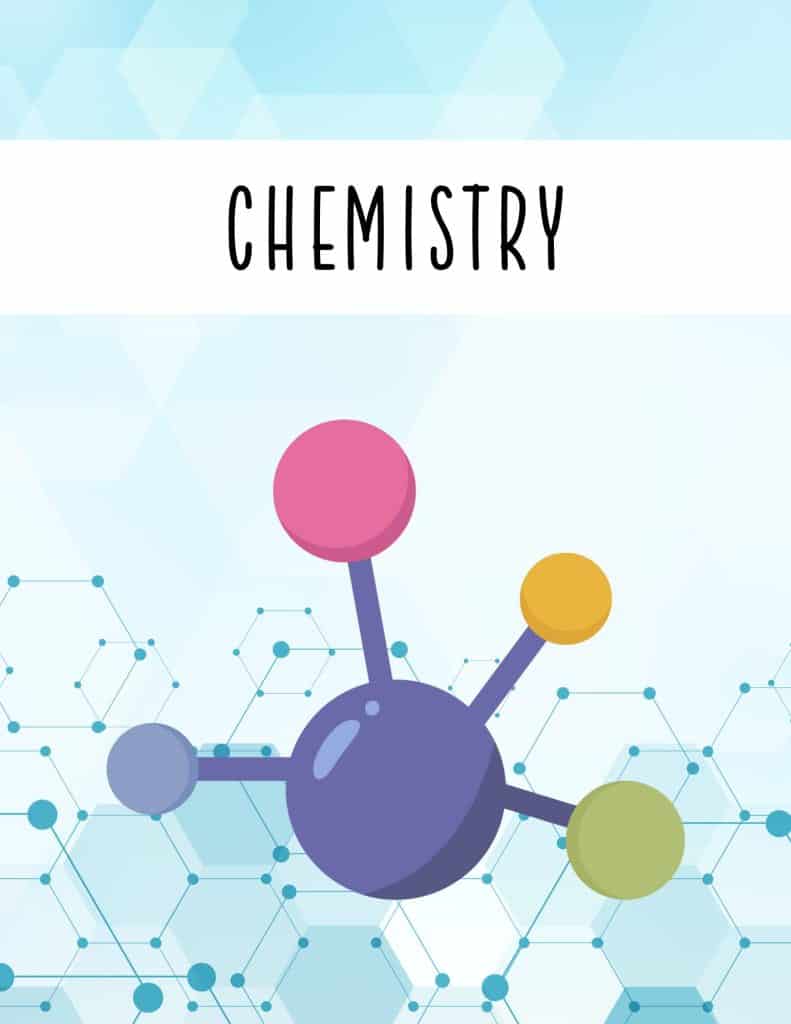 binder cover with blue background and molecule in middle of page with words chemistry above