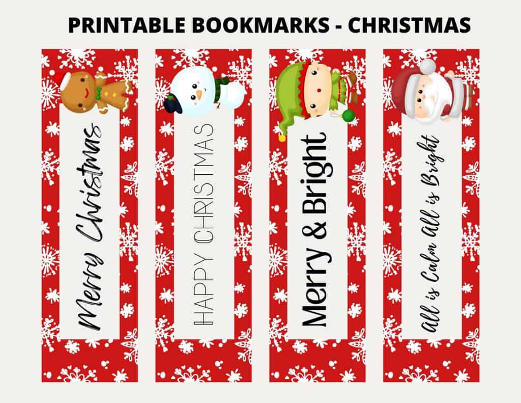 picture of Printable Christmas Bookmarks red background pattern with clipart