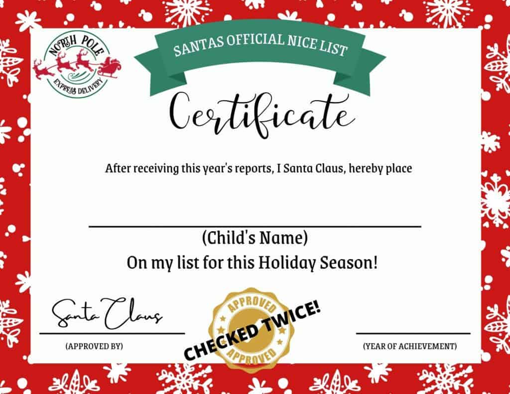 FREE Printable Santa Nice Certificate