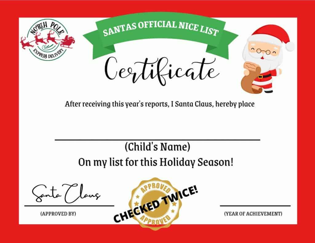 FREE Printable Santa Nice Certificate
