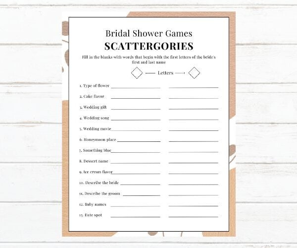 FREE Printable Bridal Shower Games – Scattergories