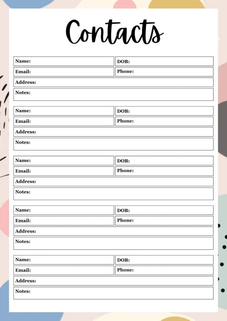  FREE Printable Contact List