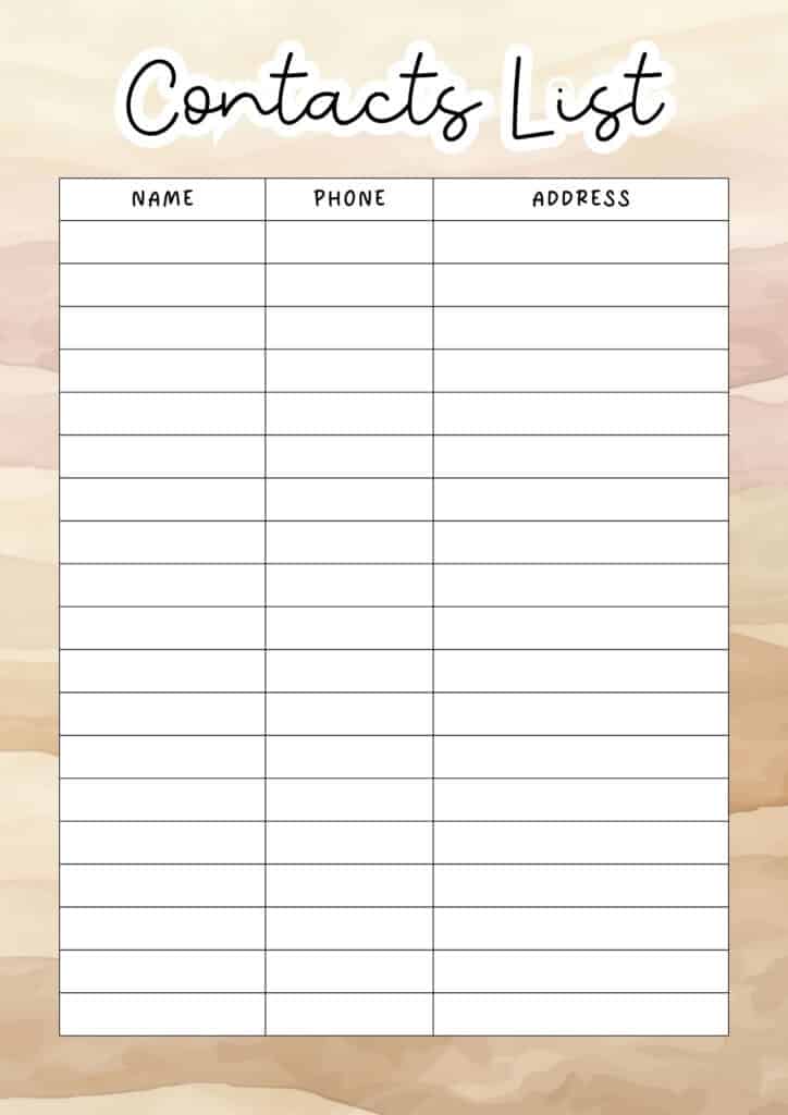  FREE Printable Contact List